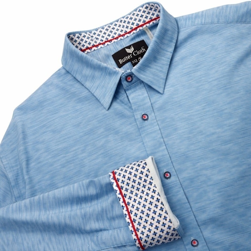Butter Cloth Shirt Men 3XL Light Blue Cotton Long Sleeve Contrast Trim